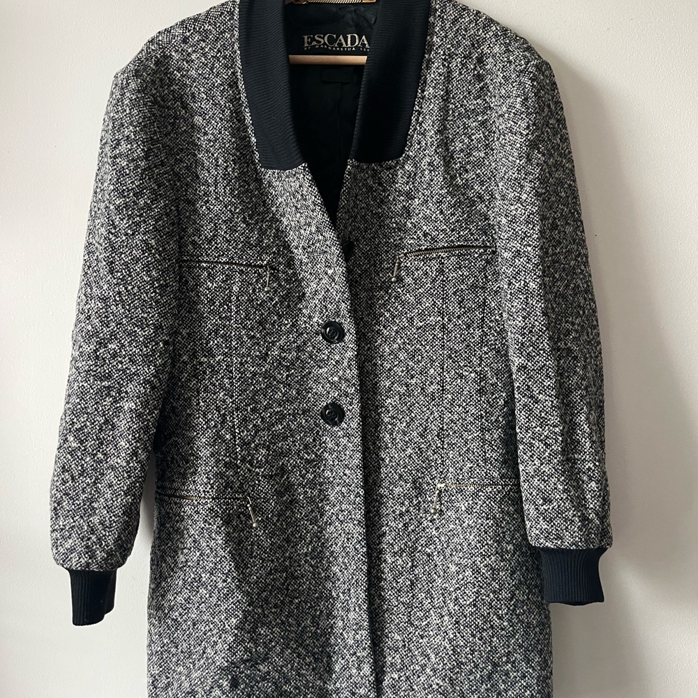 Escada Black and Gray Tweed Coat with Velvet Accents